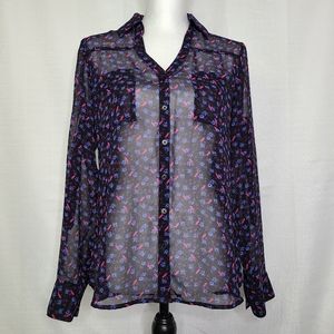 Express The Portofino Shirt Sz Small Black Blue Floral Pink Bird Sheer Button Up